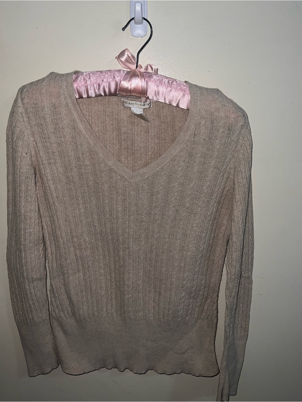 Hillard & Hanson Taupe V-Neck Cable Knit Sweater